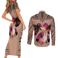 Polynesian Couples Matching Short Sleeve Bodycon Dress and Long Sleeve Button Shirts Dog Lover With Shiba Inu - Sunset At The Beach Brown Ver LT7 - Wonder Print Shop