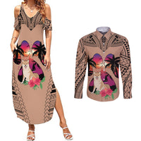 Matching brown maxi dress and long-sleeve button shirt set with Shiba Inu sunset print