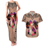 Polynesian Couples Matching Tank Maxi Dress and Hawaiian Shirt Dog Lover With Shiba Inu - Sunset At The Beach Brown Ver LT7 - Wonder Print Shop