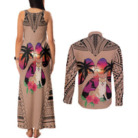 Polynesian Couples Matching Tank Maxi Dress and Long Sleeve Button Shirts Dog Lover With Shiba Inu - Sunset At The Beach Brown Ver LT7 - Wonder Print Shop
