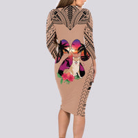 Polynesian Long Sleeve Bodycon Dress Dog Lover With Shiba Inu - Sunset At The Beach Brown Ver - Wonder Print Shop
