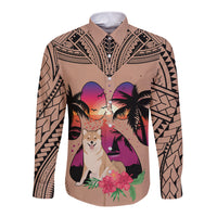 Polynesian Long Sleeve Button Shirt Dog Lover With Shiba Inu - Sunset At The Beach Brown Ver - Wonder Print Shop