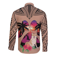 Polynesian Long Sleeve Button Shirt Dog Lover With Shiba Inu - Sunset At The Beach Brown Ver - Wonder Print Shop