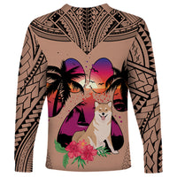 Polynesian Long Sleeve Shirt Dog Lover With Shiba Inu - Sunset At The Beach Brown Ver - Wonder Print Shop
