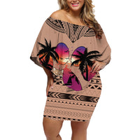 Polynesian Off Shoulder Short Dress Dog Lover With Shiba Inu - Sunset At The Beach Brown Ver - Wonder Print Shop