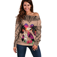 Polynesian Off Shoulder Sweater Dog Lover With Shiba Inu - Sunset At The Beach Brown Ver - Wonder Print Shop