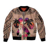 Polynesian Sleeve Zip Bomber Jacket Dog Lover With Shiba Inu - Sunset At The Beach Brown Ver - Wonder Print Shop
