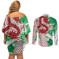 Wales Cymru Am Byth Couples Matching Off Shoulder Short Dress and Long Sleeve Button Shirt Celtic Dragon Triskelion - Wonder Print Shop