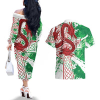 Wales Cymru Am Byth Couples Matching Off The Shoulder Long Sleeve Dress and Hawaiian Shirt Celtic Dragon Triskelion - Wonder Print Shop