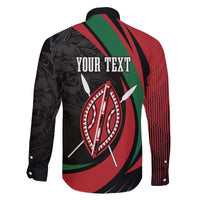 Kenya Mashujaa Day Personalized Family Matching Off The Shoulder Long Sleeve Dress and Hawaiian Shirt Lion Warrior with Masai Shield - Wonder Print Shop