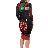 Kenya Mashujaa Day Personalized Long Sleeve Bodycon Dress Lion Warrior with Masai Shield - Wonder Print Shop
