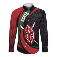 Kenya Mashujaa Day Personalized Long Sleeve Button Shirt Lion Warrior with Masai Shield - Wonder Print Shop