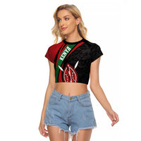 Kenya Mashujaa Day Personalized Raglan Cropped T Shirt Lion Warrior with Masai Shield - Wonder Print Shop