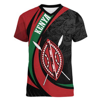 Kenya Mashujaa Day Personalized Women V-Neck T-Shirt Lion Warrior with Masai Shield - Wonder Print Shop