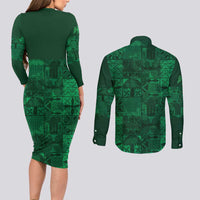 Nigeria Yoruba Adire Patterns Couples Matching Long Sleeve Bodycon Dress and Long Sleeve Button Shirt Proud To Be Naija