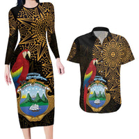 Pura Vida Costa Rica Personalized Couples Matching Long Sleeve Bodycon Dress and Hawaiian Shirt Oxcart Ornate Inspired Gold Pattern - Wonder Print Shop