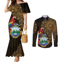Pura Vida Costa Rica Personalized Couples Matching Mermaid Dress and Long Sleeve Button Shirt Oxcart Ornate Inspired Gold Pattern - Wonder Print Shop