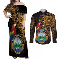 Pura Vida Costa Rica Personalized Couples Matching Off Shoulder Maxi Dress and Long Sleeve Button Shirt Oxcart Ornate Inspired Gold Pattern - Wonder Print Shop