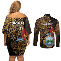 Pura Vida Costa Rica Personalized Couples Matching Off Shoulder Short Dress and Long Sleeve Button Shirt Oxcart Ornate Inspired Gold Pattern - Wonder Print Shop