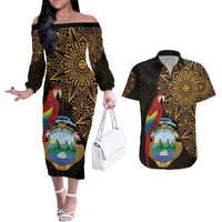 Pura Vida Costa Rica Personalized Couples Matching Off The Shoulder Long Sleeve Dress and Hawaiian Shirt Oxcart Ornate Inspired Gold Pattern - Wonder Print Shop