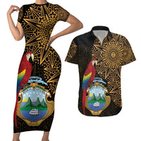 Pura Vida Costa Rica Personalized Couples Matching Short Sleeve Bodycon Dress and Hawaiian Shirt Oxcart Ornate Inspired Gold Pattern - Wonder Print Shop
