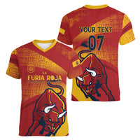 La Furia Roja Custom Campeones del Mundo Women V-Neck T-Shirt Espana El Toro