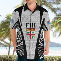 Fiji rugby Hawaiian shirt, white/black with 'FIJI' crest, short sleeves and open collar