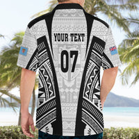 Fiji rugby Hawaiian shirt back, white/black with 'YOUR TEXT 07' and tribal print