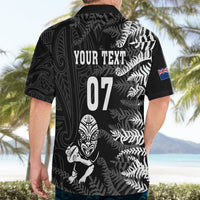 Black short-sleeve button-up shirt back with “YOUR TEXT” and “07” plus fern pattern