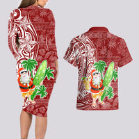 Hawaii Christmas Mele Kalikimaka Couples Matching Long Sleeve Bodycon Dress and Hawaiian Shirt Santa Claus LT7 - Wonder Print Shop