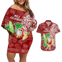 Hawaii Christmas Mele Kalikimaka Couples Matching Off Shoulder Short Dress and Hawaiian Shirt Santa Claus LT7 - Wonder Print Shop
