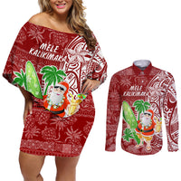 Hawaii Christmas Mele Kalikimaka Couples Matching Off Shoulder Short Dress and Long Sleeve Button Shirt Santa Claus LT7 - Wonder Print Shop