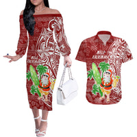 Hawaii Christmas Mele Kalikimaka Couples Matching Off The Shoulder Long Sleeve Dress and Hawaiian Shirt Santa Claus LT7 - Wonder Print Shop