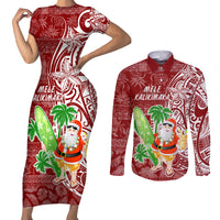 Hawaii Christmas Mele Kalikimaka Couples Matching Short Sleeve Bodycon Dress and Long Sleeve Button Shirt Santa Claus LT7 - Wonder Print Shop