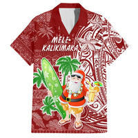 Red Hawaiian button-up shirt with Santa graphic, surfboard, palm trees, and Mele Kalikimaka