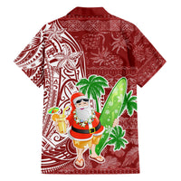 Red Hawaiian button-up shirt back with white pattern, Santa with surfboard and palm trees