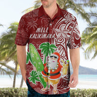 Red Hawaiian button-up shirt worn with Santa, palm trees, and Mele Kalikimaka on chest