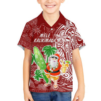 Red Hawaiian button-up shirt on child with Santa graphic, surfboard, and Mele Kalikimaka text