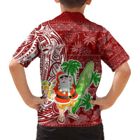 Red Hawaiian button-up shirt back with white swirls, Santa holding drink, palm trees, surfboard