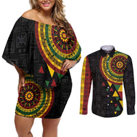 Personalized Adinkra Akan Culture Couples Matching Off Shoulder Short Dress and Long Sleeve Button Shirt Afrikan Colors