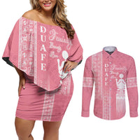 Personalized Adinkra Akan Culture Couples Matching Off Shoulder Short Dress and Long Sleeve Button Shirt Women's Day Duafe Symbol