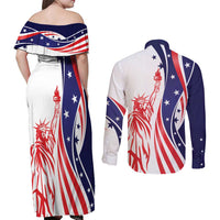 Fourth Of July USA Couples Matching Off Shoulder Maxi Dress and Long Sleeve Button Shirt American Dream - Statue Of Liberty