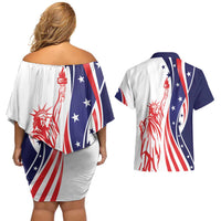 Fourth Of July USA Couples Matching Off Shoulder Short Dress and Hawaiian Shirt American Dream - Statue Of Liberty