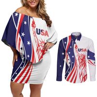 Fourth Of July USA Couples Matching Off Shoulder Short Dress and Long Sleeve Button Shirt American Dream - Statue Of Liberty