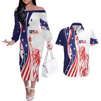 Fourth Of July USA Couples Matching Off The Shoulder Long Sleeve Dress and Hawaiian Shirt American Dream - Statue Of Liberty