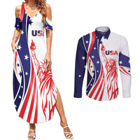 Fourth Of July USA Couples Matching Summer Maxi Dress and Long Sleeve Button Shirt American Dream - Statue Of Liberty