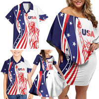 Fourth Of July USA Family Matching Off Shoulder Short Dress and Hawaiian Shirt American Dream - Statue Of Liberty