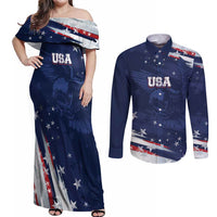 Personalized Fourth Of July USA Couples Matching Off Shoulder Maxi Dress and Long Sleeve Button Shirt The Stars and Eagle