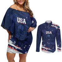 Personalized Fourth Of July USA Couples Matching Off Shoulder Short Dress and Long Sleeve Button Shirt The Stars and Eagle