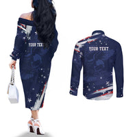 Personalized Fourth Of July USA Couples Matching Off The Shoulder Long Sleeve Dress and Long Sleeve Button Shirt The Stars and Eagle